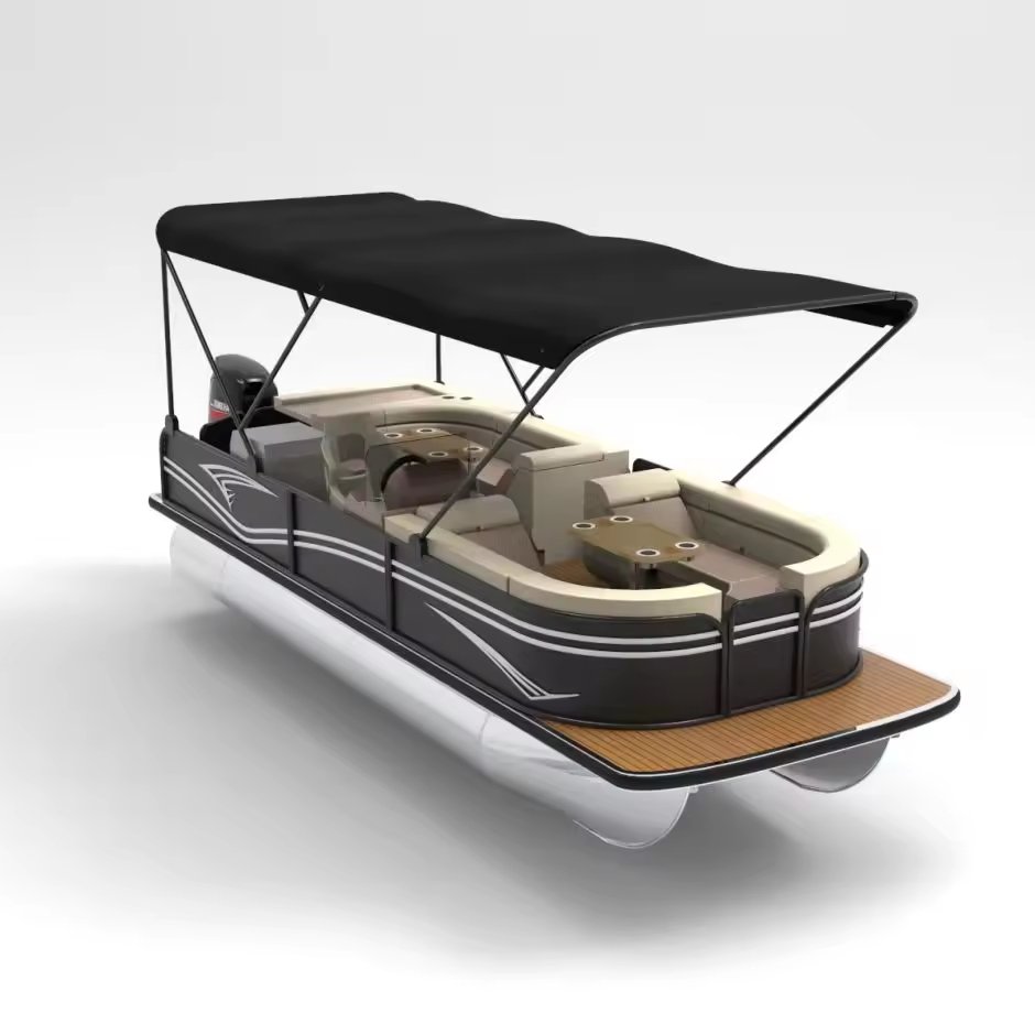2024 Sporty Luxury Yacht with 23FT Pontoon Boat Hot Sale Fence for Water Skiing Aluminum Hull Outboard Engine for Canada Market